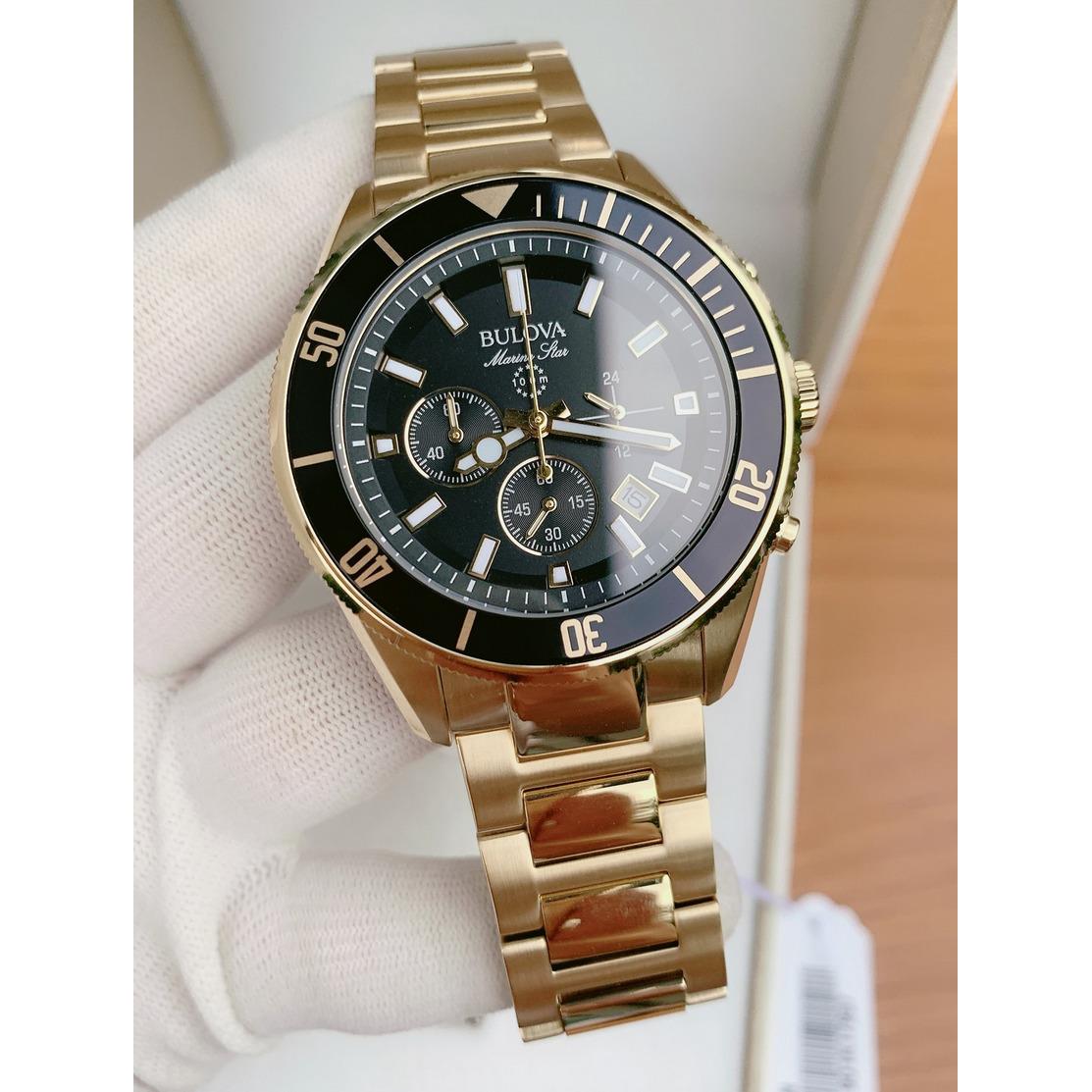 Bulova Marine Star Gold Tone Men`s Black Dial Chronograph Watch 98B250