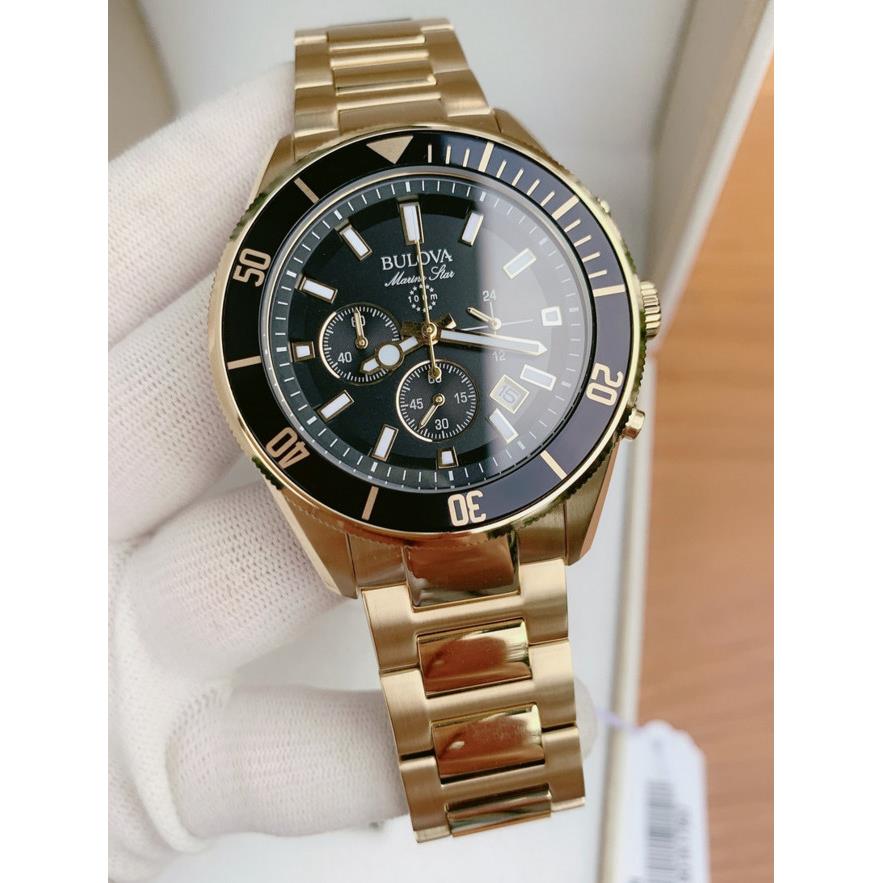 Bulova Marine Star Gold Tone Men`s Black Dial Chronograph Watch 98B250