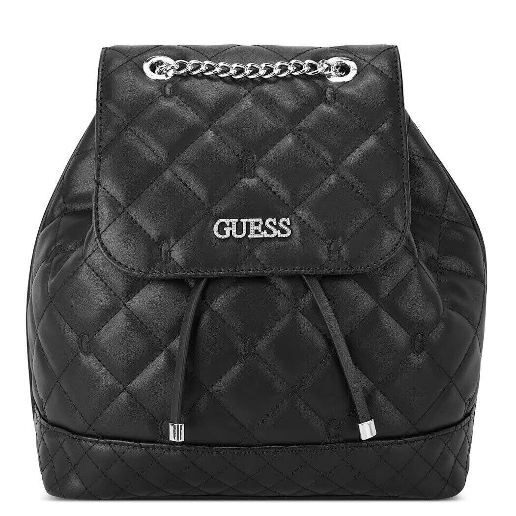 Guess Women`s Quilted Logo Embroidered Medium Backpack Handbag Bag - Black