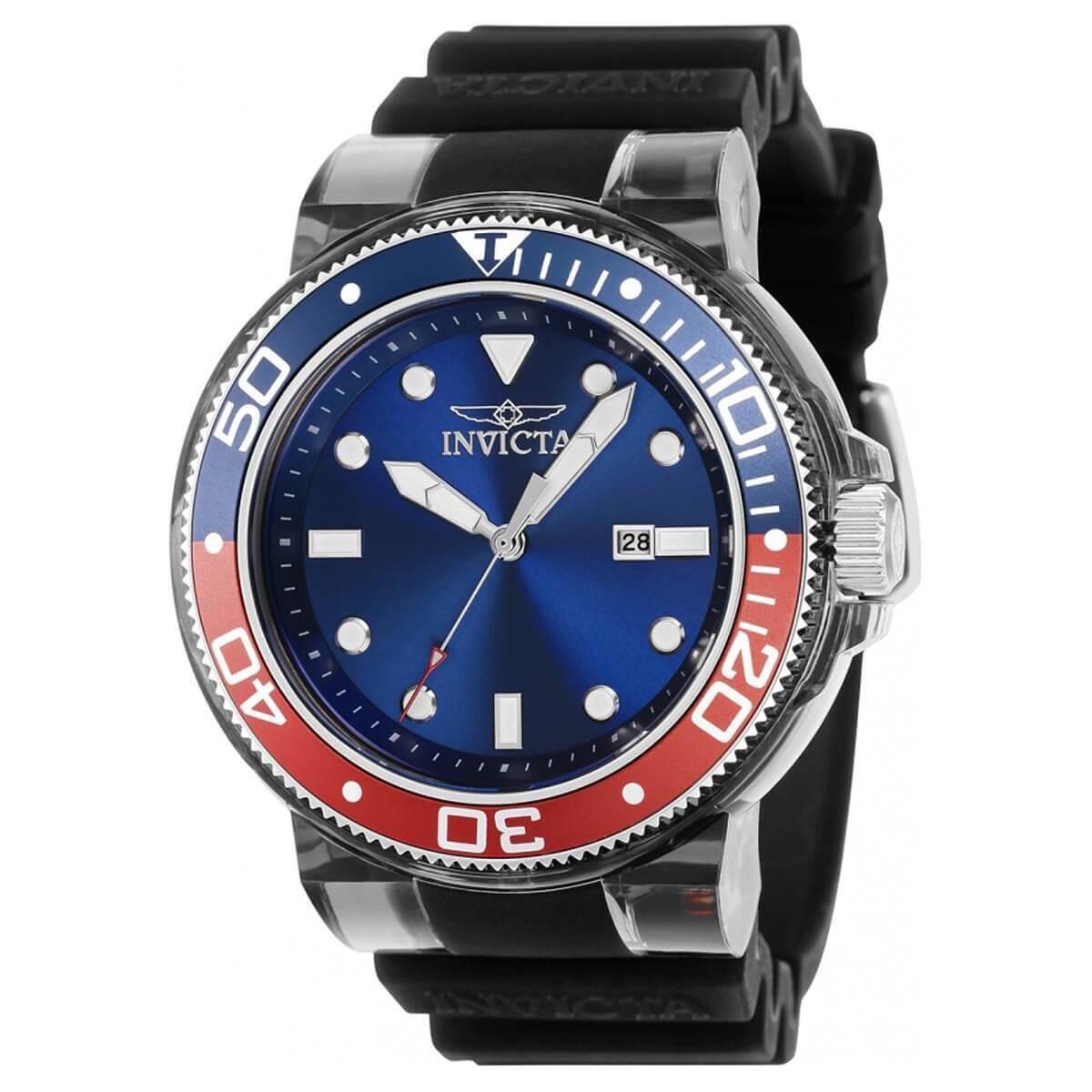 Invicta Men`s Watch Pro Diver Blue and Red Bezel Black Silicone Strap 38883