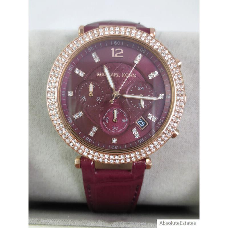 Michael Kors Parker Rose Gold Crystal Glitz Dark Red Dial Watch MK6986 - Dial: Red, Band: Red, Bezel: Rose Gold