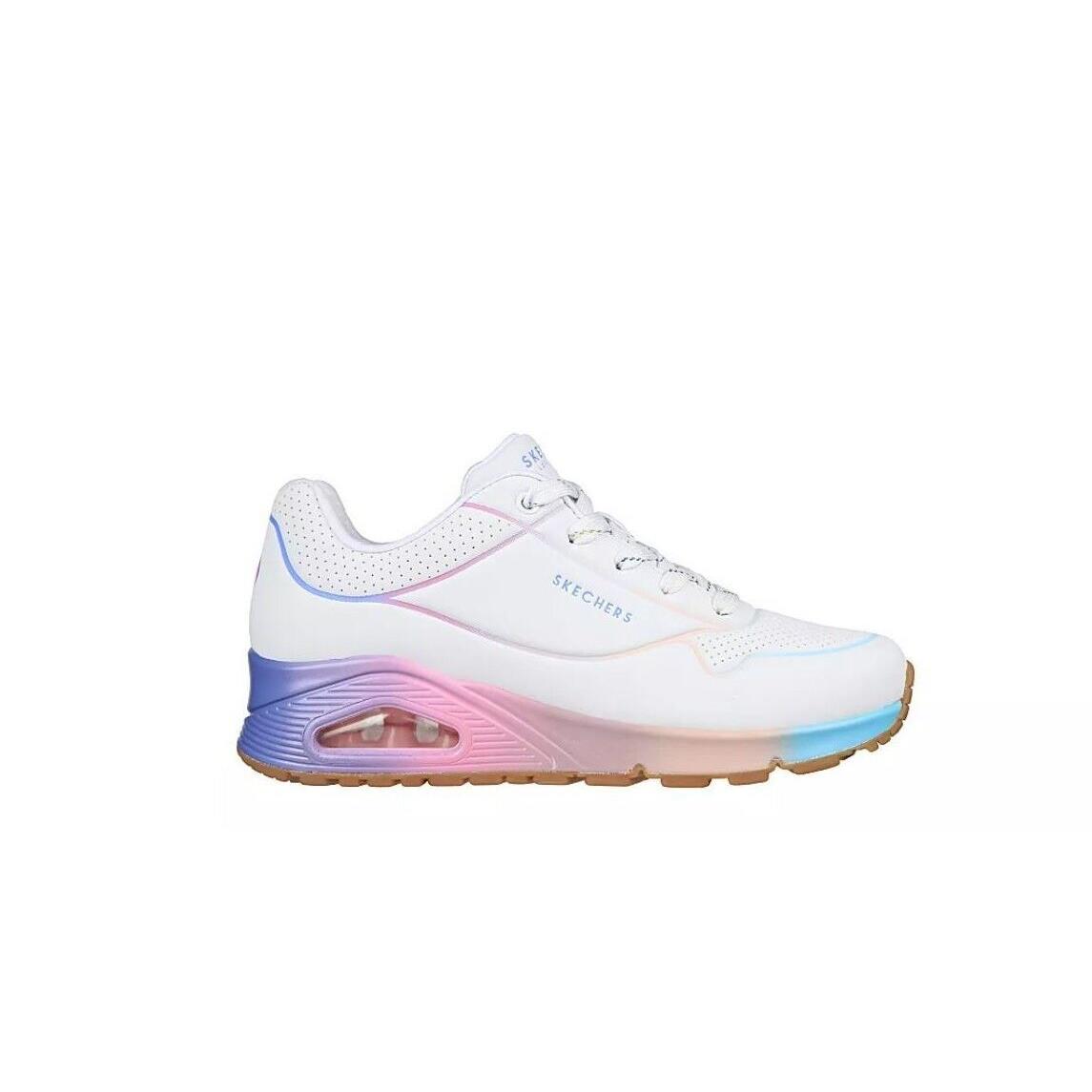 Skechers Air Uno Pop of Sunshine Low Top Women`s Casual Fashion Shoes Sneaker White-Cool Rainbow