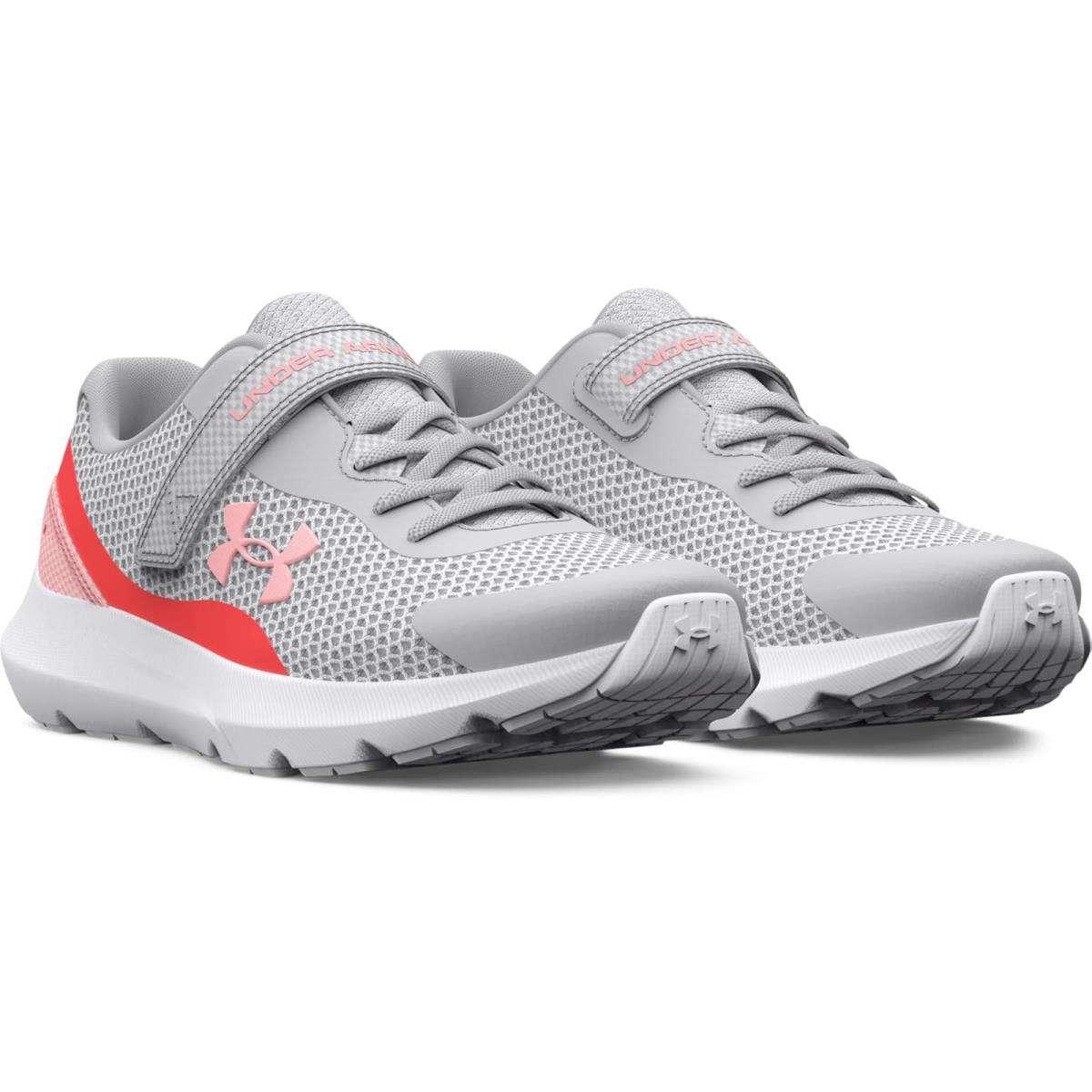 Girl`s Sneakers Athletic Shoes Under Armour Kids Surge 3 AC Little Kid Halo Gray/Venom Red/Pink Fizz