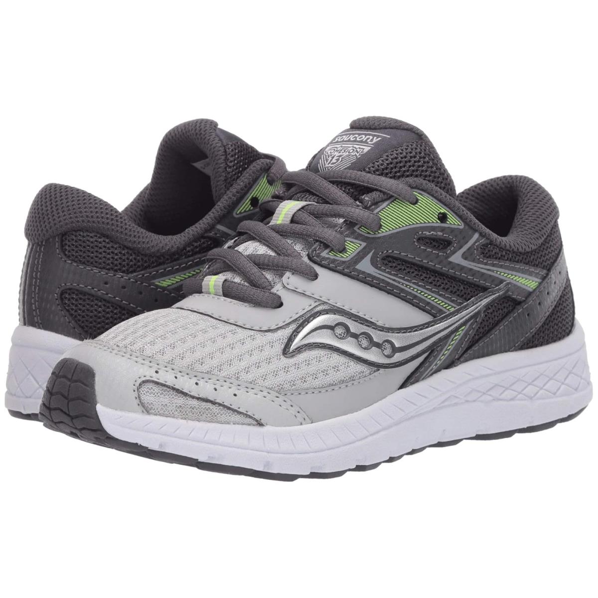 Boy`s Shoes Saucony Kids S-cohesion 13 Ltt Little Kid/big Kid - Grey/Citron Leather/Mesh