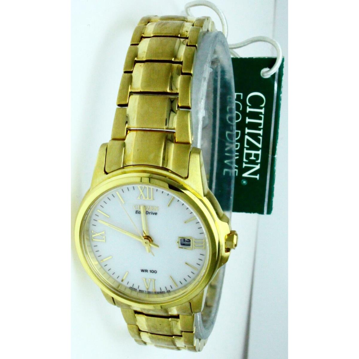 Ladies Citizen Eco Drive S Steel Gold Plated White Face Watch Date WR 100 M