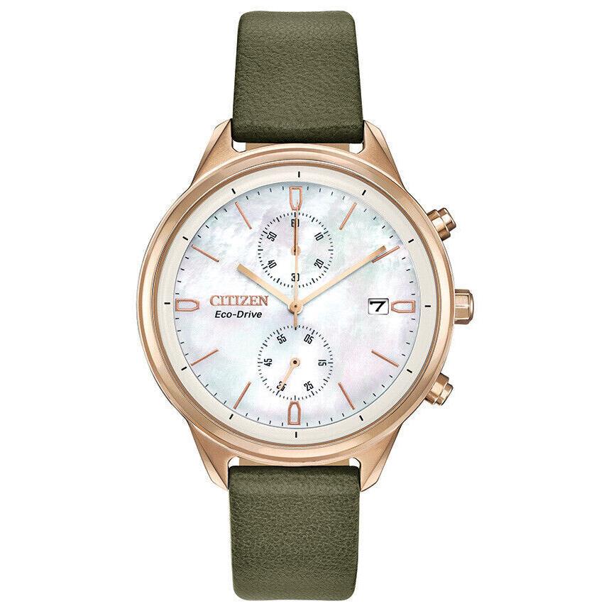 Citizen FB2008-01D Chandler Chronograph Mother of Pearl Dial Ladies Watch - Dial: , Band: Olive Green, Bezel: Rose Gold