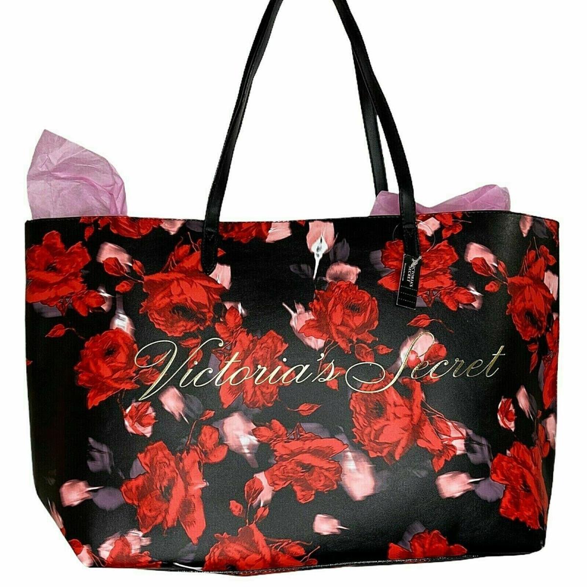 Victoria`s Secret Large Black Red Floral Weekender Tote Travel Bag