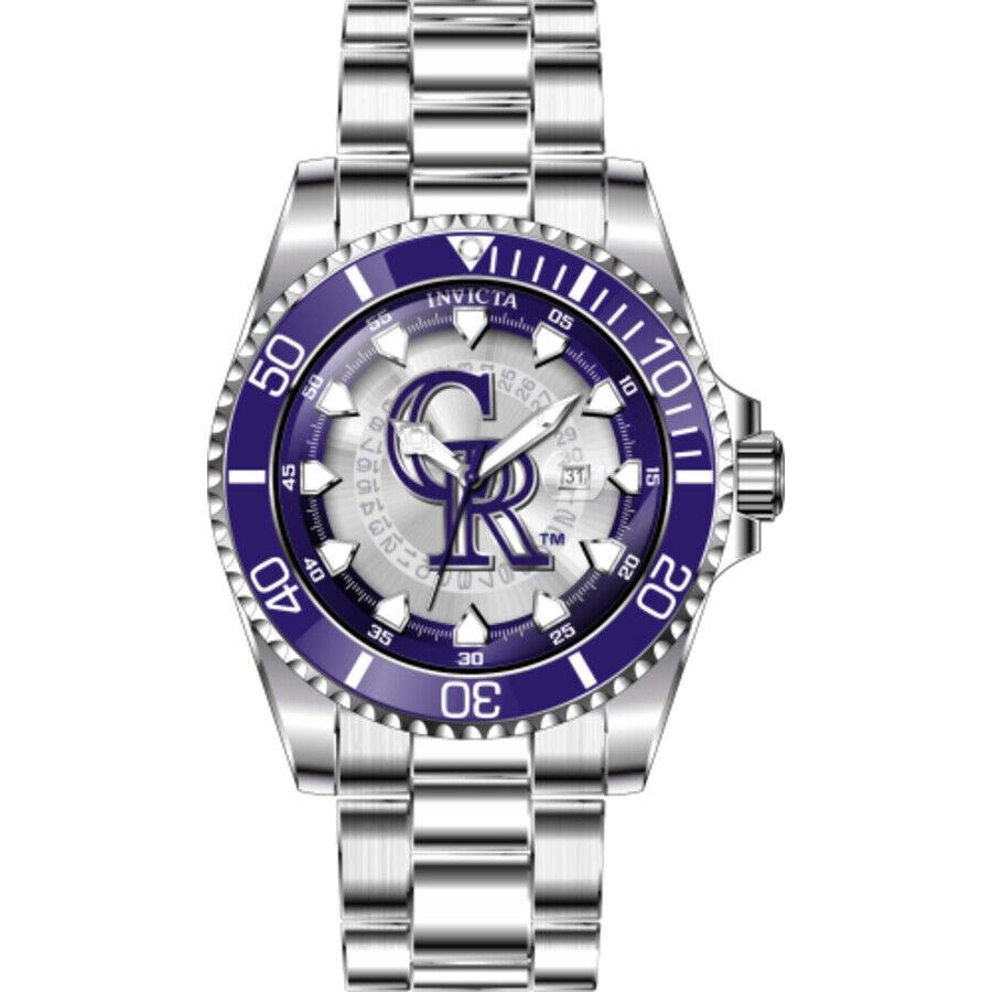 Invicta Mlb Colorado Rockies Quartz Men`s Watch 43462 - Dial: Purple and Silver and White, Band: Silver-tone, Bezel: Silver-tone