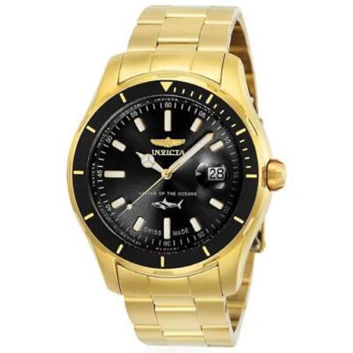 Invicta Pro Diver 25810 Men`s Round Analog Date Black Gold Tone Watch - Dial: Black, Band: Gold, Bezel: Gold