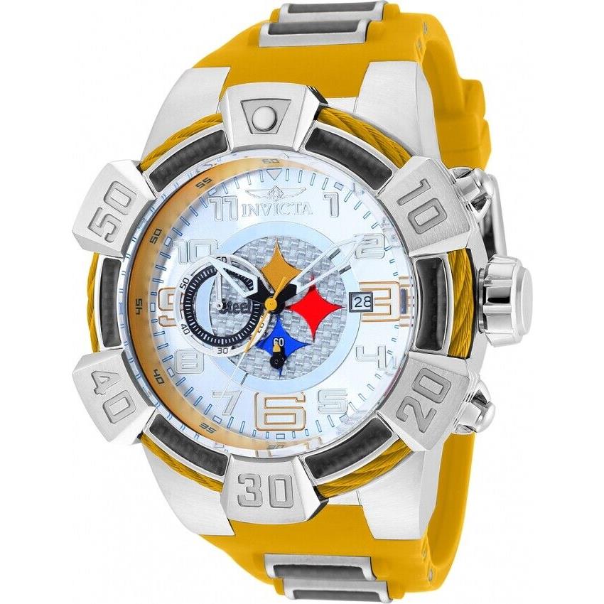 Invicta 52mm Nfl Pittsburgh Steelers Bolt Chrono Yellow Gunmetal Band Watch - Silver Face, Blue Dial, Yellow Band
