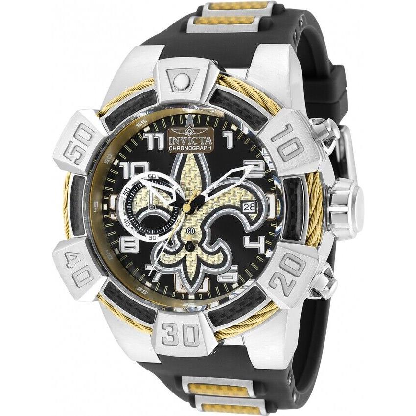 Invicta Men 52mm Nfl Orleans Saints Chronograph Brown Black Band Watch 35871 - White and Black and Brown Dial, Black and Brown Band, Black Bezel