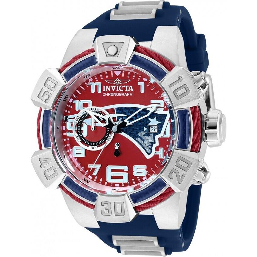 Invicta Men`s 52mm Nfl England Patriots Red Blue Dial Blue Band Chrono Watch