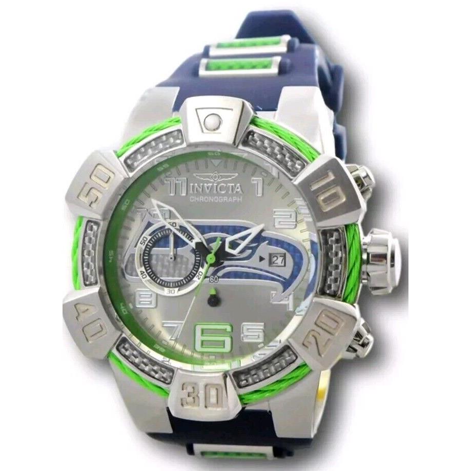 Invicta Nfl Seattle Seahawks Men Silver-tone Dial Men`s Silicone Watch 35869 - Dial: White and Green (Seattle Seahawks), Band: Blue, Green, Bezel: Black, Green, Silver