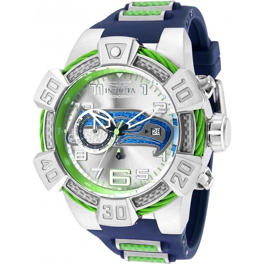 Invicta Nfl Seattle Seahawks Men Silver-tone Dial Men`s Silicone Watch 35869 - Dial: White and Green (Seattle Seahawks), Band: Blue, Bezel: Black
