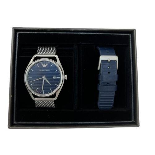 Emporio Armani Men`s Date Silver Mesh Blue Leather Strap Watch Set AR80054