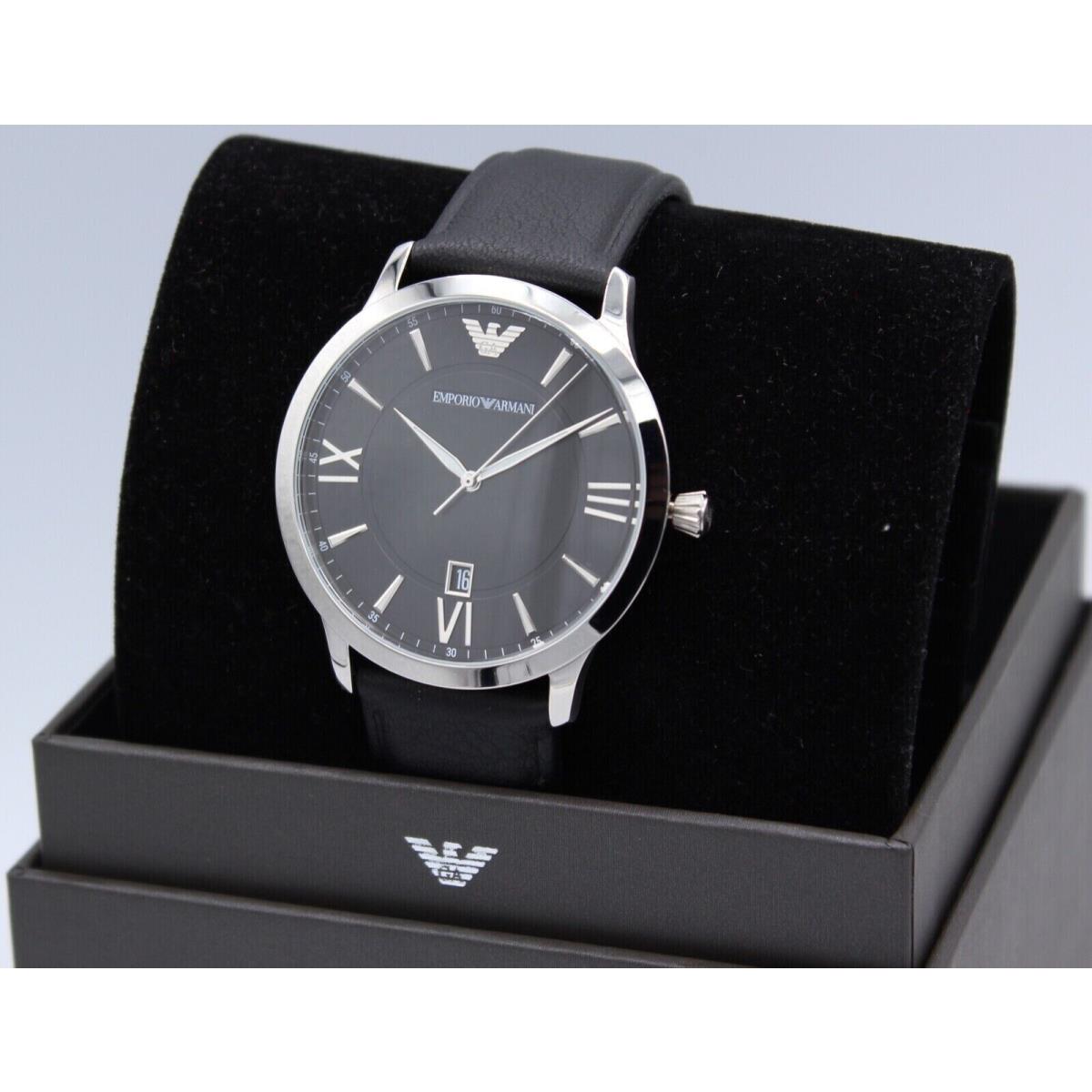 Emporio Armani Men`s Giovanni Silver Black Leather Strap Watch AR11210