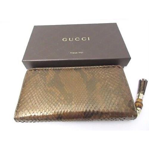 Gucci Women`s 307984 Cardamom Python Snakeskin Bamboo Zip Around Wallet