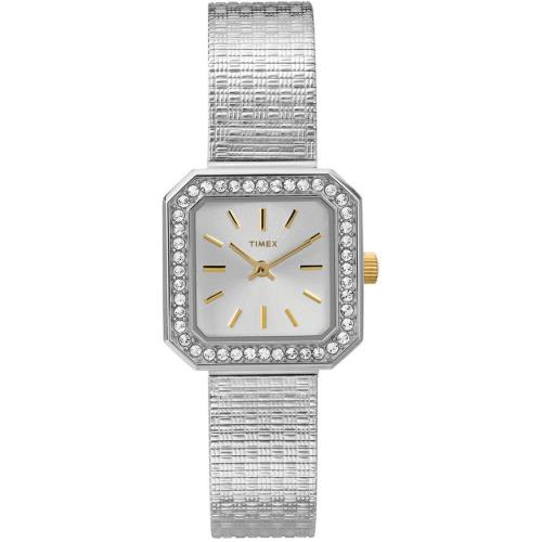 Timex Silver 2 Tone Mesh Band Crystal Bezel Square Small Dial WATCH-T2P552