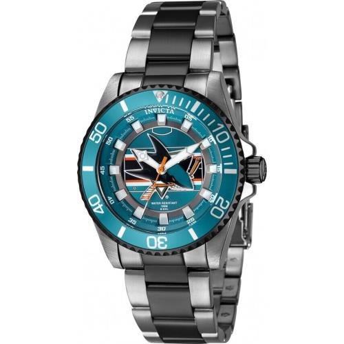 Invicta Women`s 38mm Nhl San Jose Sharks Dark Green Dial Silver Black Band Watch - Dial: Black, Dark Green, Orange, White, Band: Black, Silver, Bezel: Black, Dark Green, White