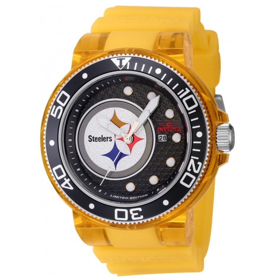 Invicta Nfl Pittsburgh Steeler Men`s 52mm Pro Diver Limited Silicone Watch 41450 - Dial: Black, Gray, Multicolor, Silver, White, Band: Yellow, Bezel: Black, Silver