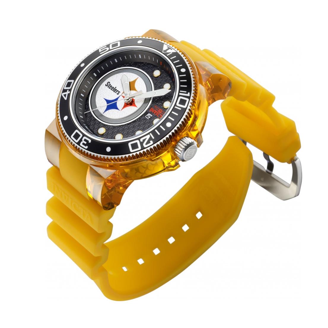 Invicta Nfl Pittsburgh Steeler Men`s 52mm Pro Diver Limited Silicone Watch 41450 - Dial: Black Gray Multicolor Silver White, Band: Yellow, Bezel: Black Silver