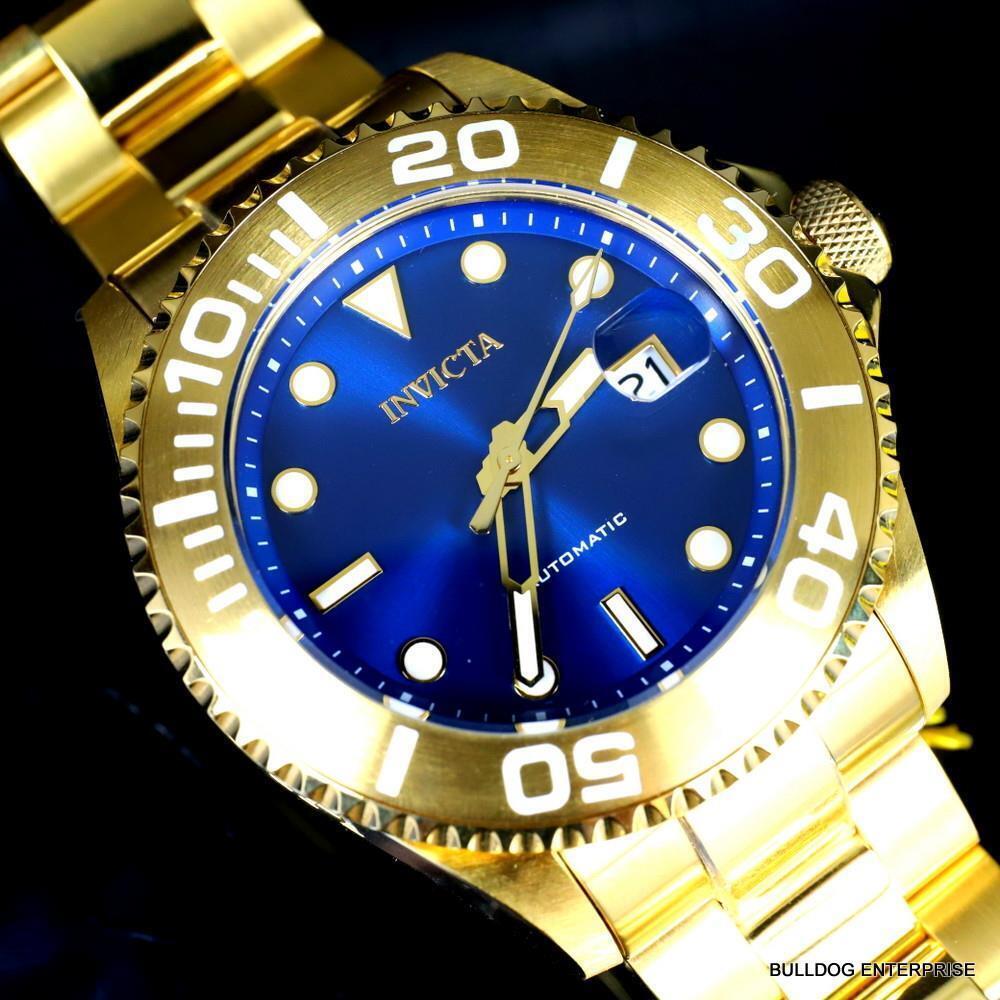 Mens Invicta Pro Diver Gold Plated Steel Bracelet Automatic Blue Watch 47mm