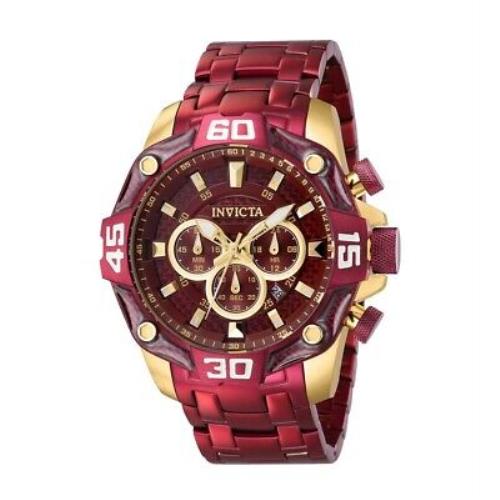 Invicta Pro Diver Chronograph Quartz Red Dial Men`s Watch 40257 - Dial: Red, Band: Red, Bezel: Gold-tone