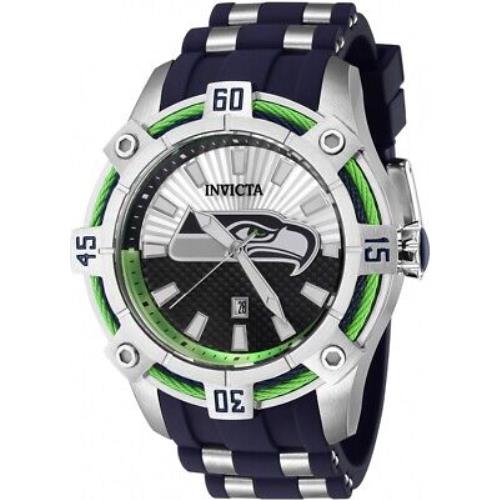 Invicta Nfl Seattle Seahawks Quartz Silver Dial Men`s Watch 42061 - Dial: Silver-tone, Band: Two-tone (Blue and Silver-tone)