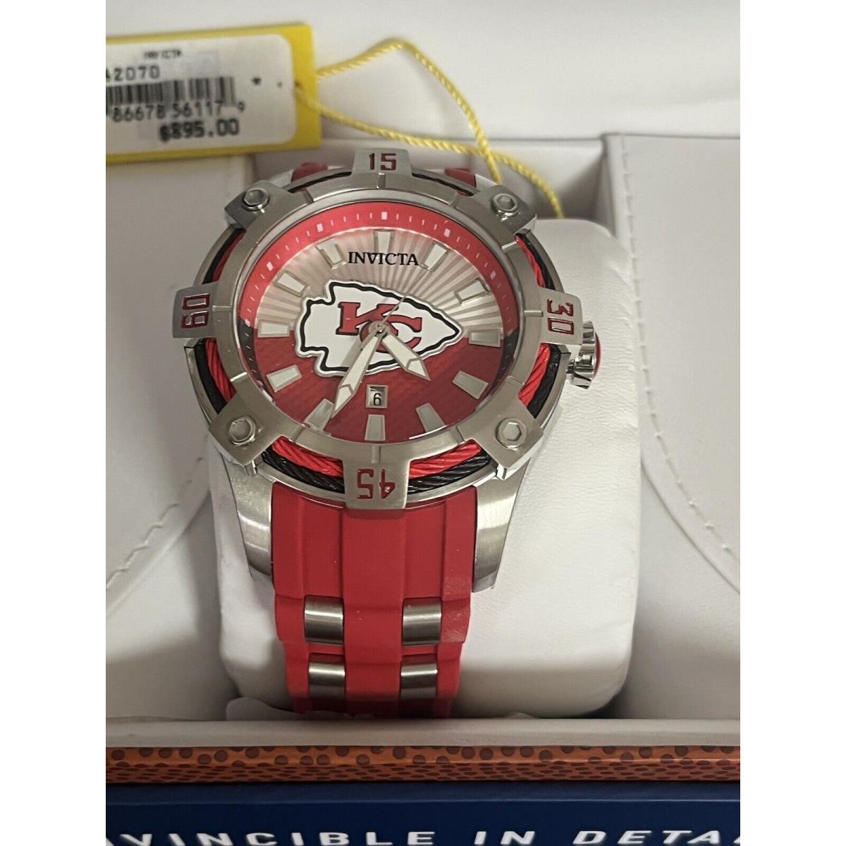 Invicta Nfl Kansas City Chiefs Mens Watch Red Quartz Silver Dial 42070 Japan - Dial: Red, Silver, Band: Red, Silver, Bezel: Red, Silver, Black