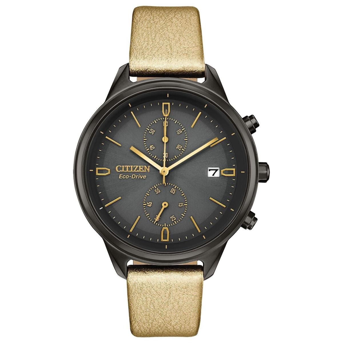 Citizen FB2007-04H Chandler Chronograph Gold Vegan Leather Strap Ladies Watch - Dial: Gray, Band: Gold, Bezel: Gray