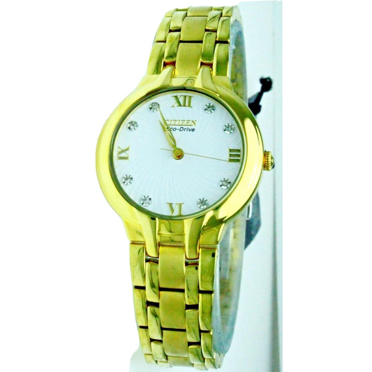 Ladies Round Citizen Eco Drive Bella S Steel Gold Plated 8 Diamonds Wristwatch