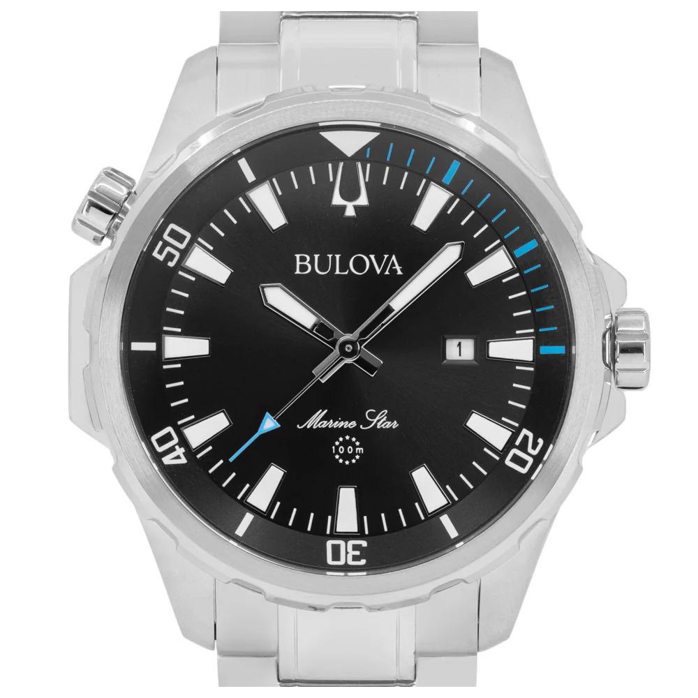 Bulova Marine Star Black Dial Date Display Stainless Steel Men`s Watch 96B382