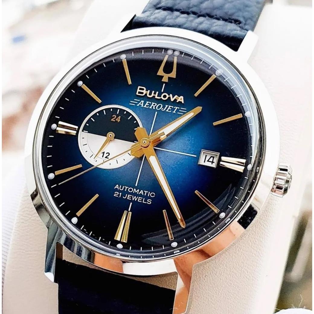 Bulova Aerojet Automatic Men`s Watch Blue Dial Leather Band 96B374 - Dial: Blue, Band: Black, Bezel: Silver