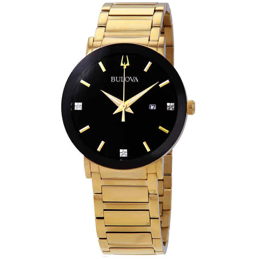 Bulova Diamond Black Dial Yellow Gold-tone Men`s Watch 97D116