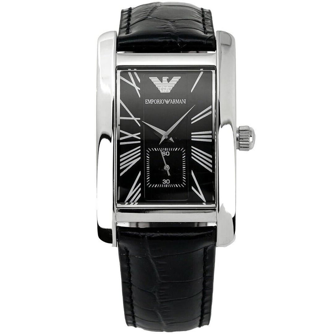 Emporio Armani AR0143 Black Dial Leather Strap Rectangular Men`s Watch