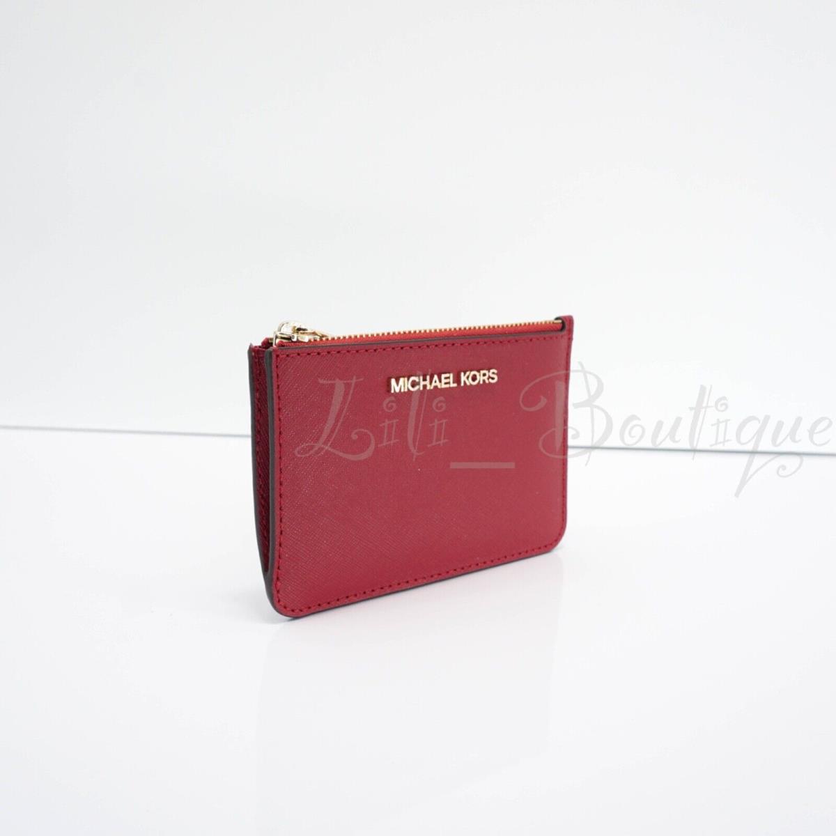 Michael Kors Jet Set Travel Small Top Zip Coin Pouch Card Case Leather Chili Red