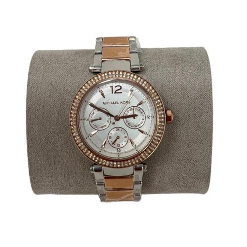Michael Kors Womens Parker Multifunction Two Tone Rose Gold Watch MK6301 - White Dial, Silver Band, Rose Gold Bezel