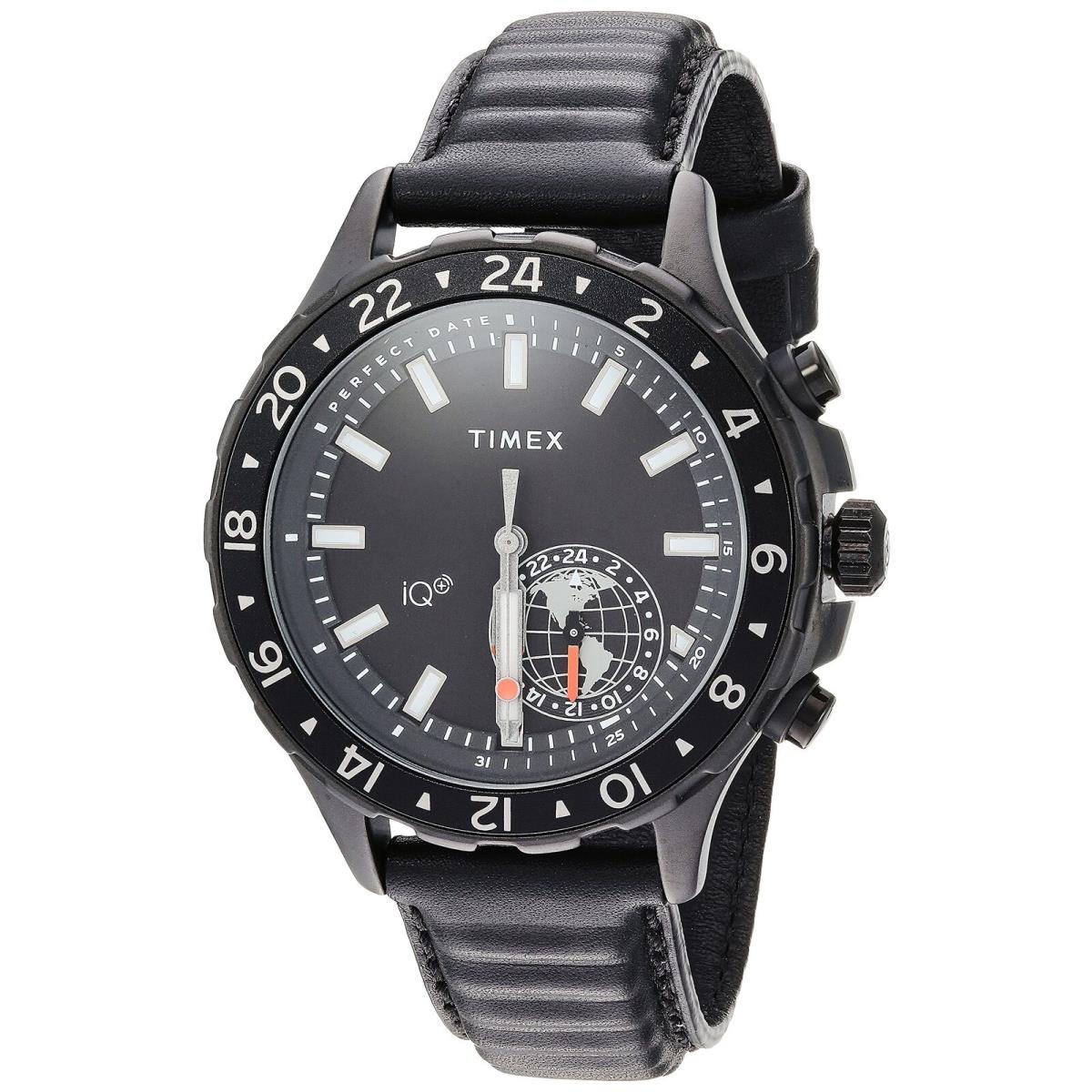 Timex Mens Iq+ Move Multi-time Black Leather Strap Watch TW2R39900