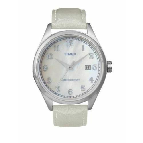 Timex T2N409 White Leather White Mop Dial with Date Watch