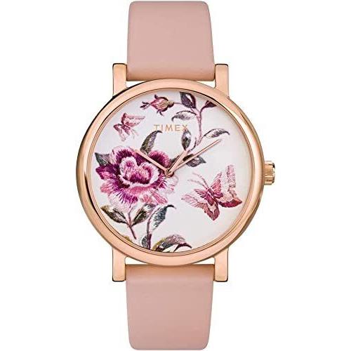 Timex TW2U19300 Women`s Full Bloom Floral Dial with Rosegold Leather Strap Watch