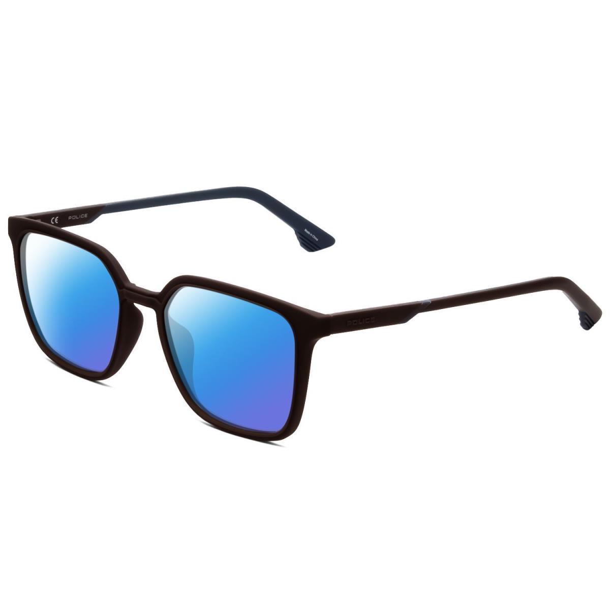 Police SPL769 Square Designer Polarized Sunglasses in Brown Blue 54mm 4 Option Blue Mirror Polar