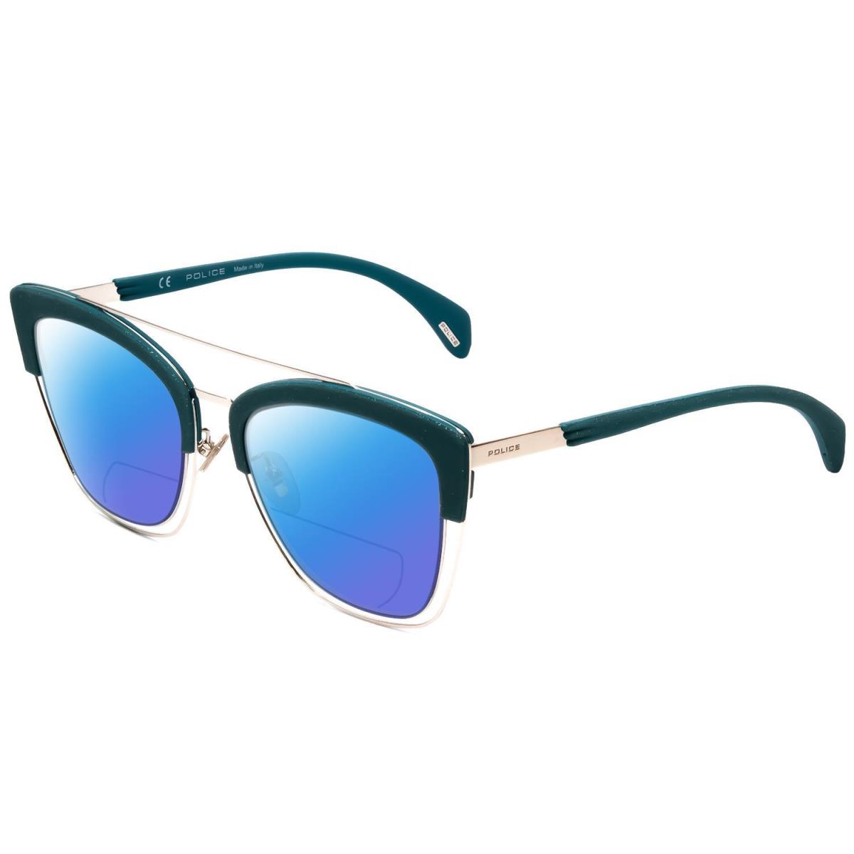 Police SPL618 Cateve Polarize Bi-focal Sunglasses Teal Blue Crystal Glitter 54mm Blue Mirror