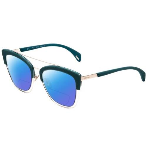 Police SPL618 Cateve Polarize Bi-focal Sunglasses Teal Blue Crystal Glitter 54mm Blue Mirror