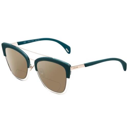Police SPL618 Cateve Polarize Bi-focal Sunglasses Teal Blue Crystal Glitter 54mm Brown