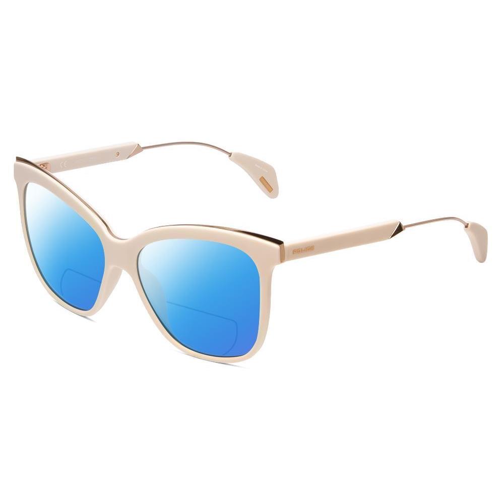 Police SPL621 Affair-2 Cateye Polarized Bi-focal Sunglasses in Ivory White 56 mm Blue Mirror