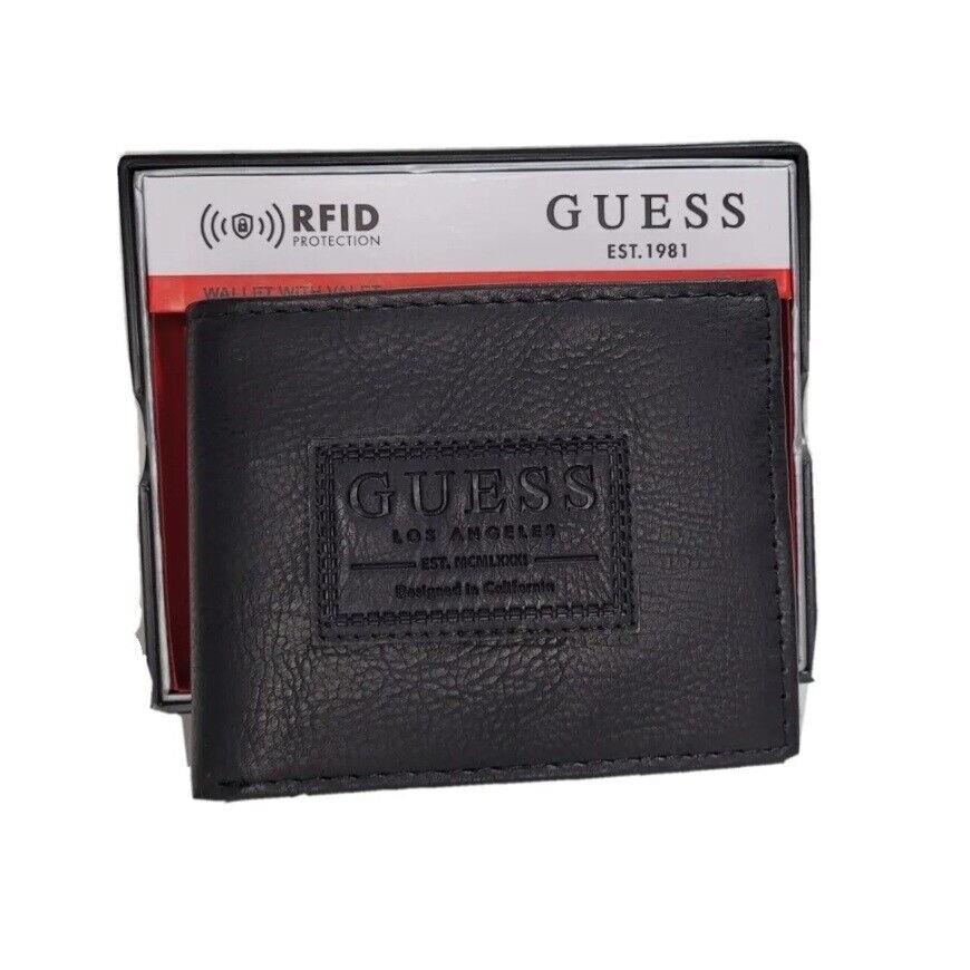Guess Men`s Leather Credit Card ID Wallet Passcase Billfold Black/Big Logo