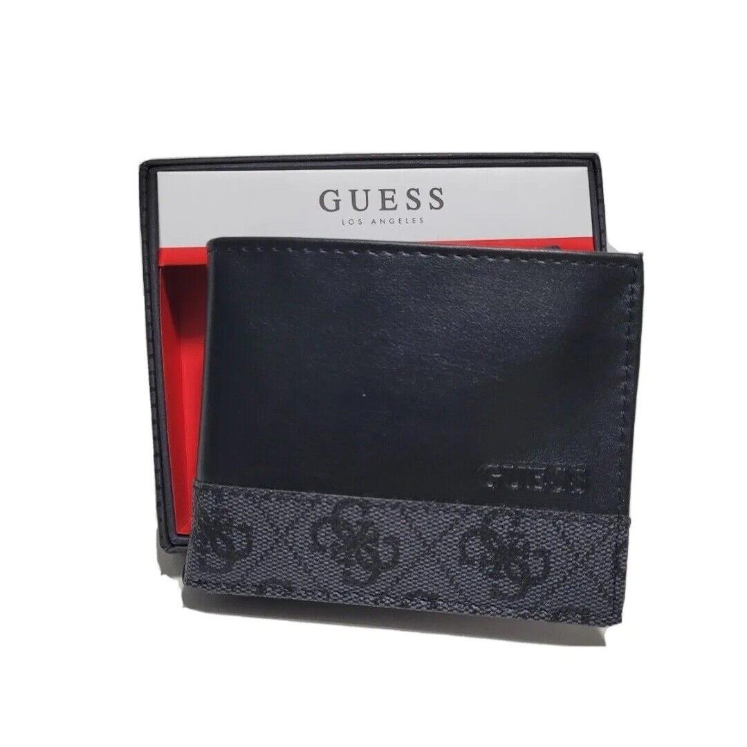 Guess Men`s Leather Credit Card ID Wallet Passcase Billfold Black/Gray