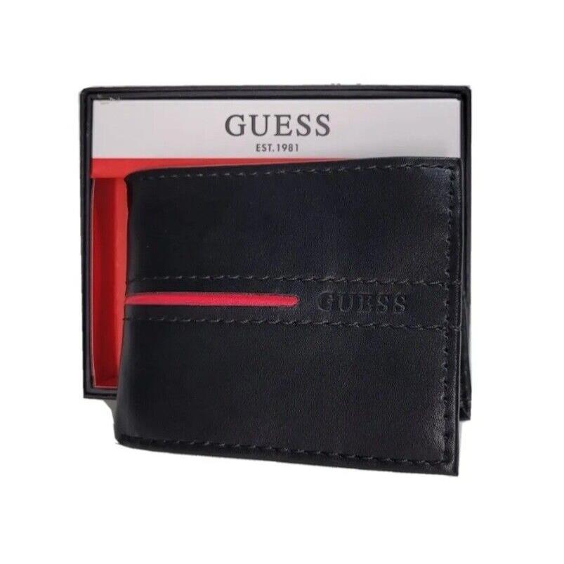 Guess Men`s Leather Credit Card ID Wallet Passcase Billfold Black/Red