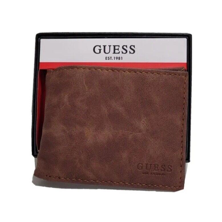 Guess Men`s Leather Credit Card ID Wallet Passcase Billfold Brown