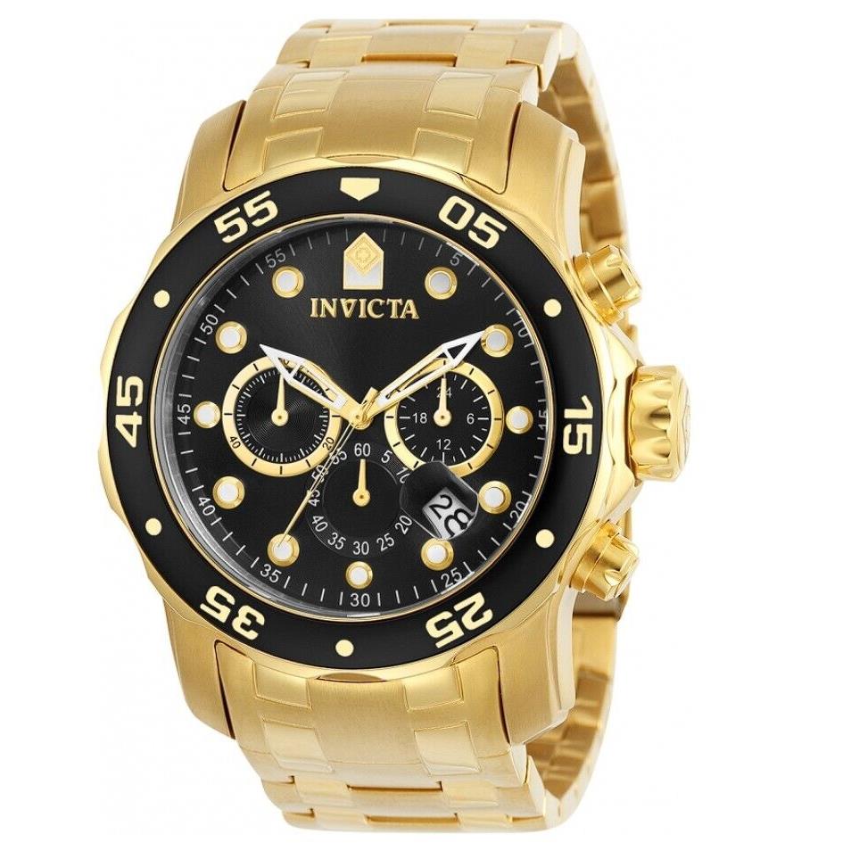 Invicta Pro Diver Scuba Men`s 48mm 18K Gold Plated Black Chronograph Watch 0072 - Dial: Black, Band: Gold, Bezel: Black, Gold